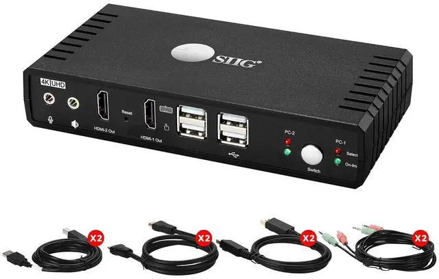 Main image of SIIG 4K Dual Monitor HDMI 2 Port KVM Switch with Microphone & Audio, Dual HDMI Output, HDMI + DP Input per PC,4K60, HDCP 2.2, USB 2.0 x4, Cables Included, Hotkey Control,TAA Compliant (CE-KV0911-S1)