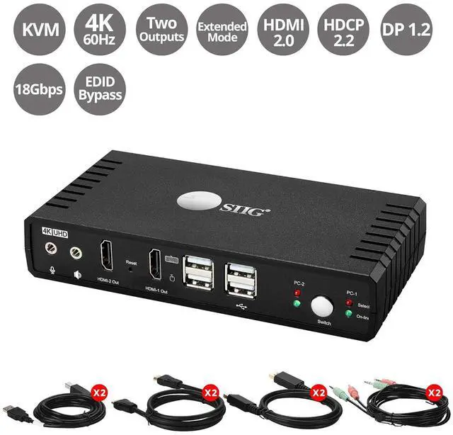 Alt view image 2 of 7 - SIIG 4K Dual Monitor HDMI 2 Port KVM Switch with Microphone & Audio, Dual HDMI Output, HDMI + DP Input per PC,4K60, HDCP 2.2, USB 2.0 x4, Cables Included, Hotkey Control,TAA Compliant (CE-KV0911-S1)