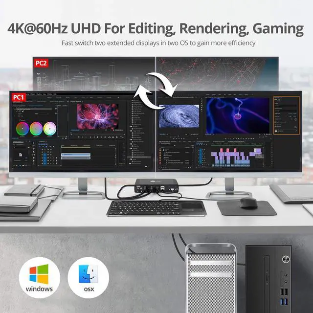 Alt view image 5 of 7 - SIIG 4K Dual Monitor HDMI 2 Port KVM Switch with Microphone & Audio, Dual HDMI Output, HDMI + DP Input per PC,4K60, HDCP 2.2, USB 2.0 x4, Cables Included, Hotkey Control,TAA Compliant (CE-KV0911-S1)