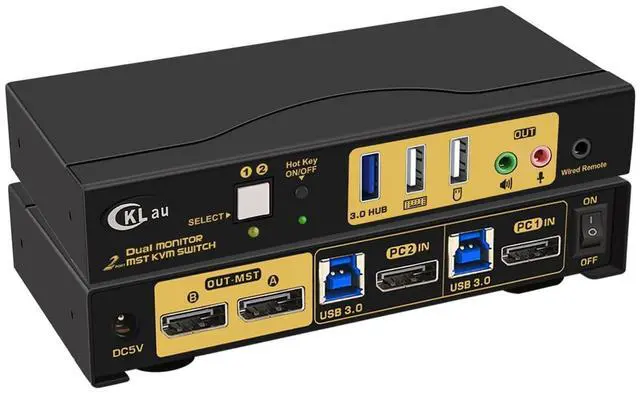 Main image of CKLau 2 Port MST KVM Switch Displayport 2 Computers 2 Monitors (1 DP in, 2 DP Out) 4K60Hz 2K144Hz with Audio, Microphone, Cables, and Hub Supports Hot Key Switching Suit for Laptop Use Dual Monitors