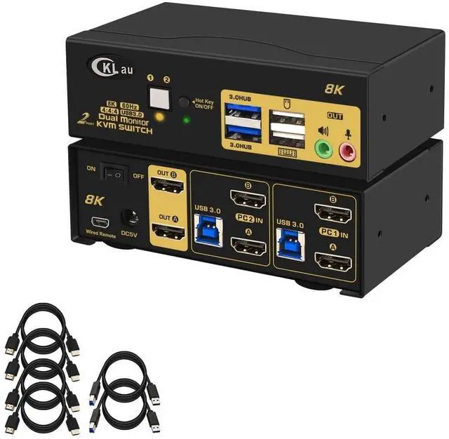 Main image of CKLau 2 Port 8K60Hz 4K144Hz Dual Monitor KVM Switch HDMI with Cables, Audio, Microphone, 2 pcs USB 3.0 Peripheral Hub for Keyboard Mouse 2 Computers Sharing 2 Monitors