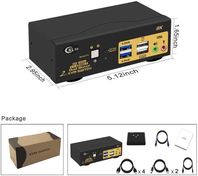 Alt view image 6 of 6 - CKLau 2 Port 8K60Hz 4K144Hz Dual Monitor KVM Switch HDMI with Cables, Audio, Microphone, 2 pcs USB 3.0 Peripheral Hub for Keyboard Mouse 2 Computers Sharing 2 Monitors