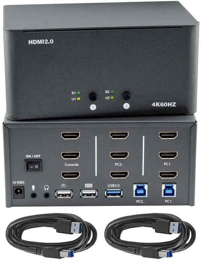 Main image of KVM Switch 3 Monitors 2 Computers, HDMI 4K@60Hz KVM Switch with USB3.0 Cable, 2 Computers Share One Set of Keyboard, Mouse and Monitors, Supports Windows/Mac/Linux