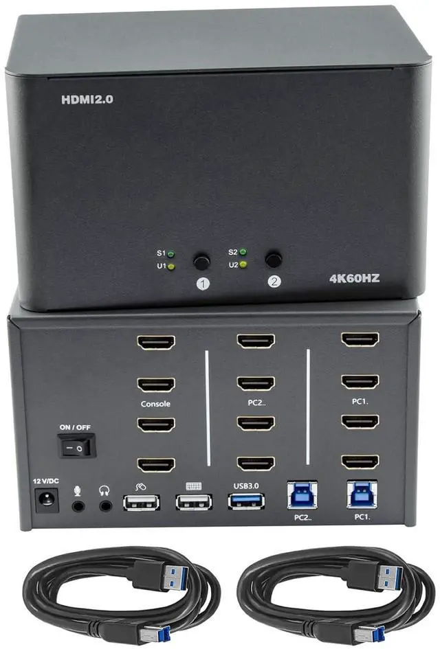 Main image of KVM Switch 4 Monitors 2 Computers, HDMI 4K@60Hz KVM Switch with USB3.0 Cable, 2 Computers Share One Set of Keyboard, Mouse and Monitors, Supports Windows/Mac/Linux