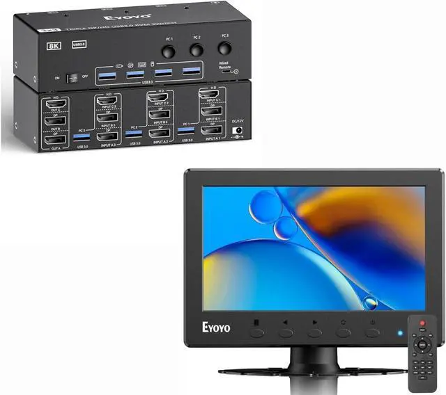 Main image of 2 Displayport HDMI KVM Switch 3 Monitors 3 Computer & Eyoyo Mini Monitor 7 Inch Small HDMI Monitor 1024x600