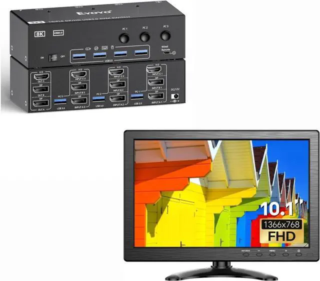 Main image of 2 Displayport HDMI KVM Switch 3 Monitors 3 Computer & Eyoyo 10.1 inch Security Monitor 1366x768 Resolution