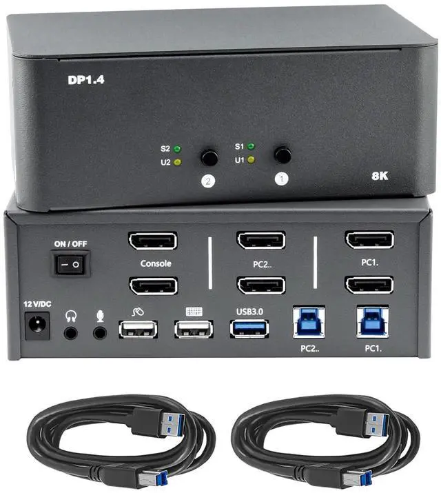 Main image of KVM Switch 2 Monitors 2 Computers, 8k Displayport Switch with USB 3.0 Cable, Jack, 2 Computers Share a Set of Keyboard, Mouse, Support Windows/Mac/Linux (Dual Monitor)