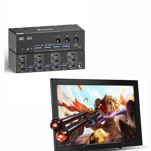 Main image of 2 Displayport HDMI KVM Switch 3 Monitors 3 Computer & Eyoyo 2K Small Monitor 12 Inch QHD 2160x1440