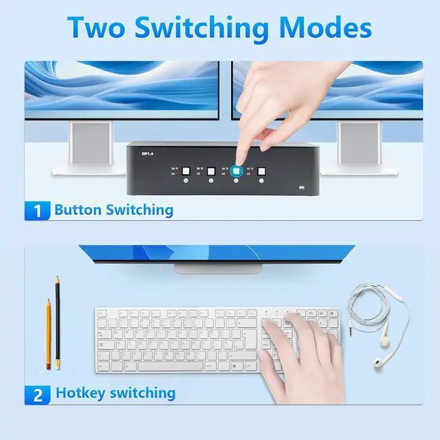 Alt view image 6 of 7 - KVM Switch 2 Monitors 4 Computers, 8k Displayport Switch with USB 3.0 Cable, Jack, 4 Computers Share a Set of Keyboard, Mouse, Support Windows/Mac/Linux (Dual Monitor)