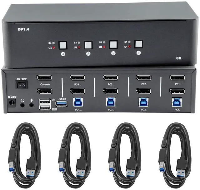 Main image of KVM Switch 2 Monitors 4 Computers, 8k Displayport Switch with USB 3.0 Cable, Jack, 4 Computers Share a Set of Keyboard, Mouse, Support Windows/Mac/Linux (Dual Monitor)