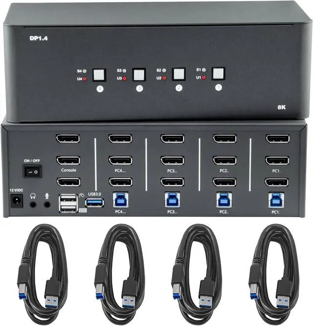Main image of KVM Switch 3 Monitors 4 Computers, 8k Displayport Switch with USB 3.0 Cable, Jack, 4 Computers Share a Set of Keyboard, Mouse, Support Windows/Mac/Linux (Triple Monitor)