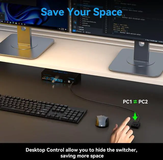 Alt view image 7 of 7 - Ennovor HDMI Displayport KVM Switch 2 Monitors 2 Computers 4K@60Hz DP KVM Switcher Dual Monitor for 2 Computers Share 2 Screens and 4 USB 3.0 Ports Support Extended/Copy Mode with Desktop Controller