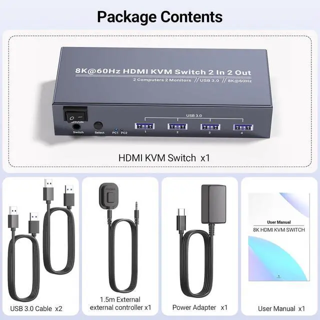 Alt view image 7 of 7 - Ennovor 8K60Hz 4K120Hz HDMI KVM Switch 2 Monitors 2 Computers, USB 3.0 Dual Monitor HDMI KVM Switch for Controlling 2 PC with 1 Set of Keyboard, Mouse and 2 Monitors