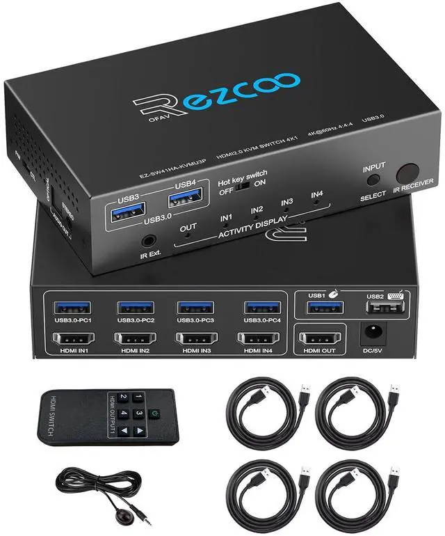 Main image of USB 3.0 KVM Switch HDMI 4 Computer 1 Monitor 4K 60Hz SPDIF L/R Hotkey - Share one Set of Keyboard Mouse Printer,1080p 120Hz 144Hz HDCP Bypass,4X USB3.0 Cable,IR Remote Ext. Windows Mac 41KVMP
