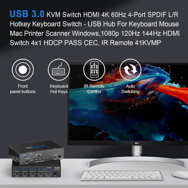 Alt view image 3 of 7 - USB 3.0 KVM Switch HDMI 4 Computer 1 Monitor 4K 60Hz SPDIF L/R Hotkey - Share one Set of Keyboard Mouse Printer,1080p 120Hz 144Hz HDCP Bypass,4X USB3.0 Cable,IR Remote Ext. Windows Mac 41KVMP