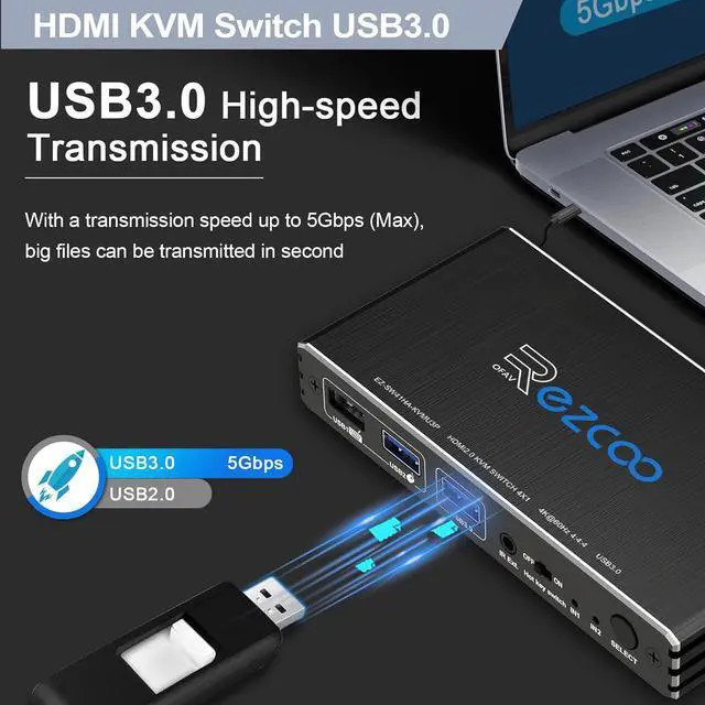 Alt view image 4 of 7 - USB 3.0 KVM Switch HDMI 4 Computer 1 Monitor 4K 60Hz SPDIF L/R Hotkey - Share one Set of Keyboard Mouse Printer,1080p 120Hz 144Hz HDCP Bypass,4X USB3.0 Cable,IR Remote Ext. Windows Mac 41KVMP