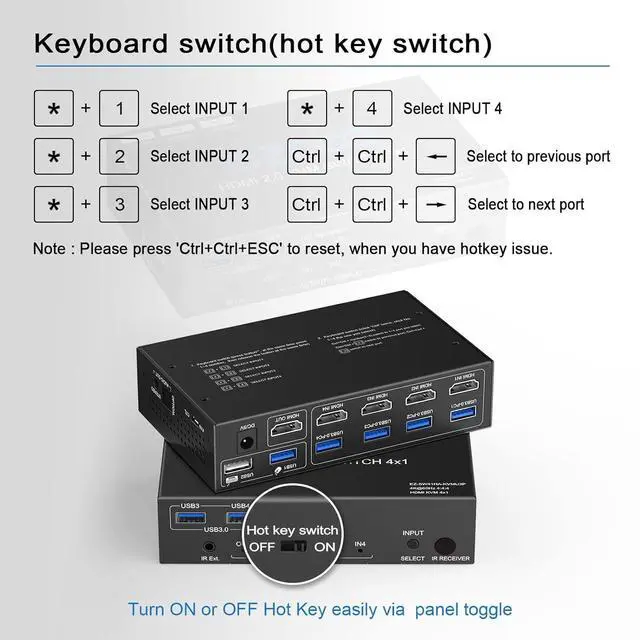 Alt view image 6 of 7 - USB 3.0 KVM Switch HDMI 4 Computer 1 Monitor 4K 60Hz SPDIF L/R Hotkey - Share one Set of Keyboard Mouse Printer,1080p 120Hz 144Hz HDCP Bypass,4X USB3.0 Cable,IR Remote Ext. Windows Mac 41KVMP