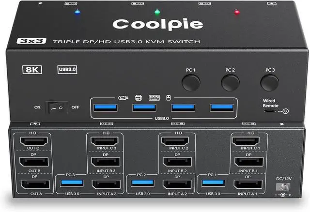 Main image of Ennovor KVM Switch 3 Computers,W/Displayport HDMI for Triple Monitor,Ultra HD HDMI 8K@60Hz/4K@120Hz, DP 8K@30Hz/4K@144Hz,1 HDMI&2 DisplayPorts 4 USB 3.0 Ports-Wired Remote&6 DP 3 HDMI 3 USB Cables
