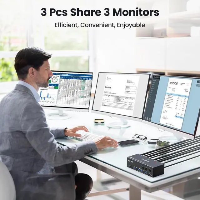 Alt view image 2 of 7 - Ennovor KVM Switch 3 Computers,W/Displayport HDMI for Triple Monitor,Ultra HD HDMI 8K@60Hz/4K@120Hz, DP 8K@30Hz/4K@144Hz,1 HDMI&2 DisplayPorts 4 USB 3.0 Ports-Wired Remote&6 DP 3 HDMI 3 USB Cables
