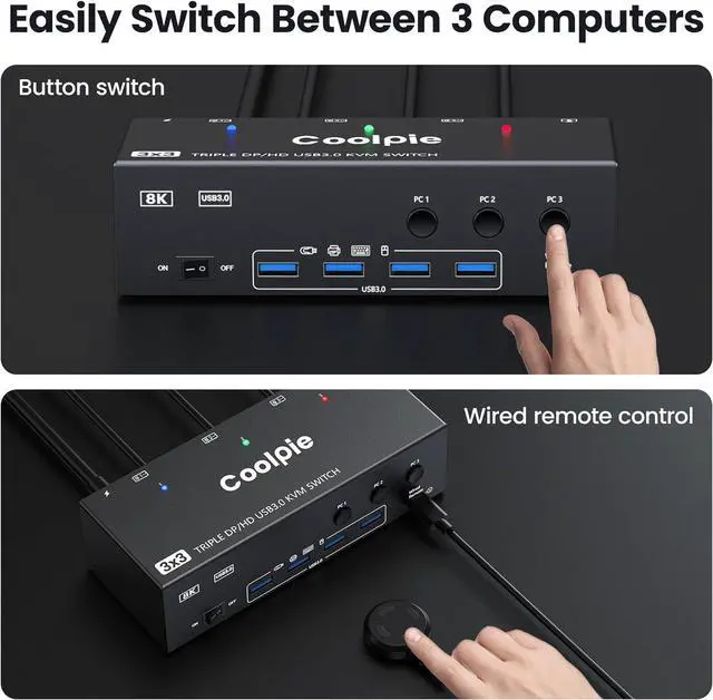 Alt view image 7 of 7 - Ennovor KVM Switch 3 Computers,W/Displayport HDMI for Triple Monitor,Ultra HD HDMI 8K@60Hz/4K@120Hz, DP 8K@30Hz/4K@144Hz,1 HDMI&2 DisplayPorts 4 USB 3.0 Ports-Wired Remote&6 DP 3 HDMI 3 USB Cables