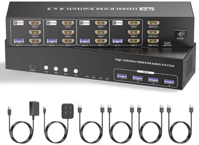Main image of USB 3.0 Three Monitor HDMI KVM Switch, 4K60Hz 4 Port HDMI KVM Switch 3 Monitors 4 Computers, 4 PC Share 1 Set of Keyboard, Mouse, 3 Monitors and 4 USB 3.0 Ports