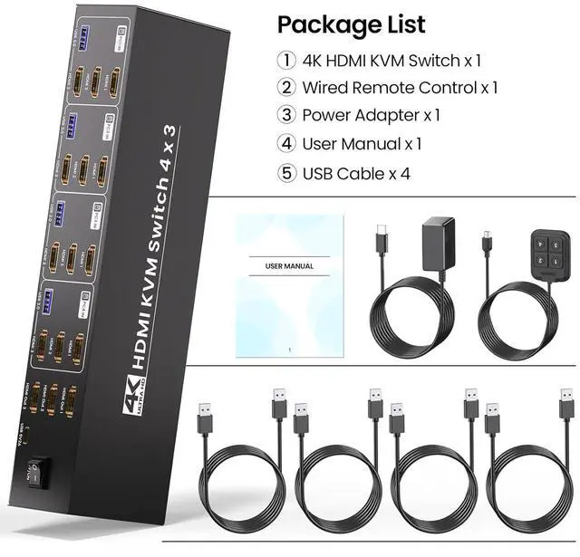Alt view image 7 of 7 - USB 3.0 Three Monitor HDMI KVM Switch, 4K60Hz 4 Port HDMI KVM Switch 3 Monitors 4 Computers, 4 PC Share 1 Set of Keyboard, Mouse, 3 Monitors and 4 USB 3.0 Ports