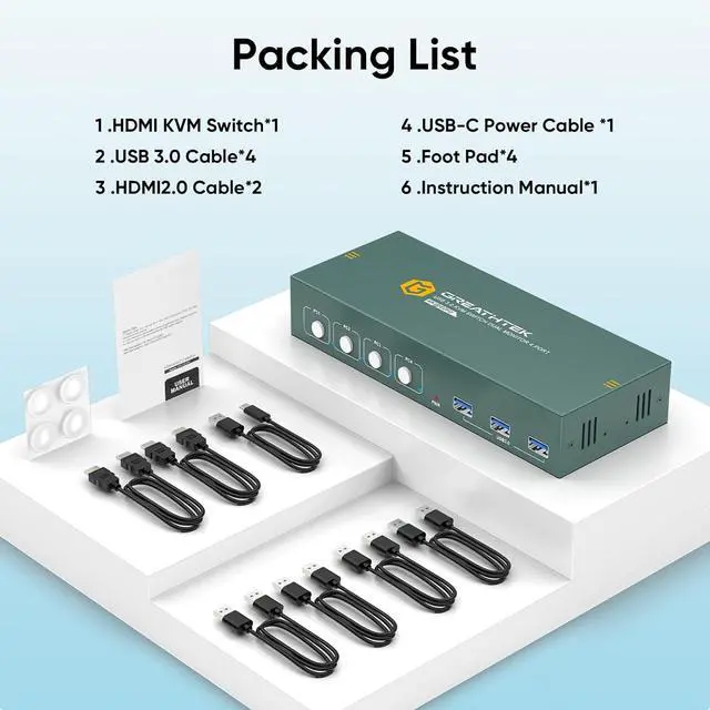 Alt view image 7 of 7 - Ennovor 4K@60Hz HDMI KVM Switch for 4 Computers & 2 Monitors - 3 USB 3.0 Ports, Keyboard & Mouse Sharing, Printer/Scanner Support