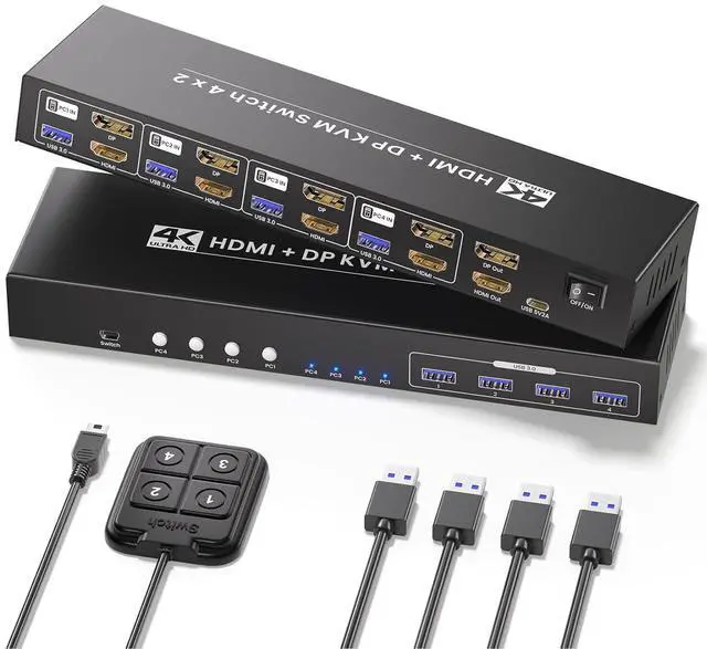 Main image of USB 3.0 4 Port HDMI + Displayport KVM Switch 2 Monitors 4 Computers, 4K60Hz Dual Monitor HDMI DP KVM Switch for 4 Computers Sharing 1 Set of Keyboard, Mouse and 2 Monitors