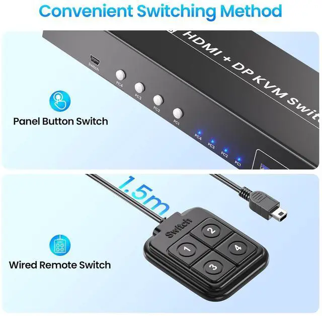 Alt view image 5 of 7 - USB 3.0 4 Port HDMI + Displayport KVM Switch 2 Monitors 4 Computers, 4K60Hz Dual Monitor HDMI DP KVM Switch for 4 Computers Sharing 1 Set of Keyboard, Mouse and 2 Monitors