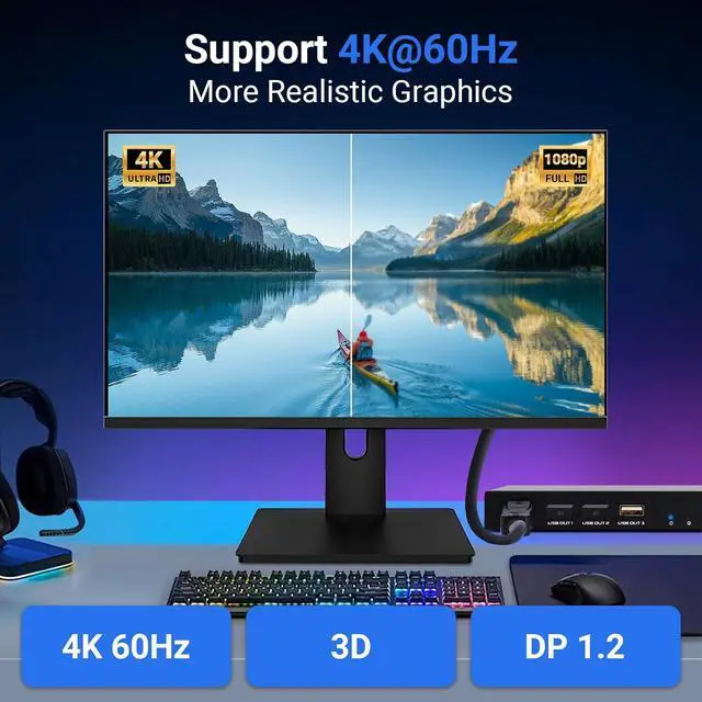 Alt view image 3 of 7 - DP KVM Switch 4K@60Hz, 4 Ports DisplayPort DP1.2 KVM Switch for 4 Computers Share 1 Monitor and 3 USB Devices Keyboard Mouse with 4 DP and 4 USB Cables