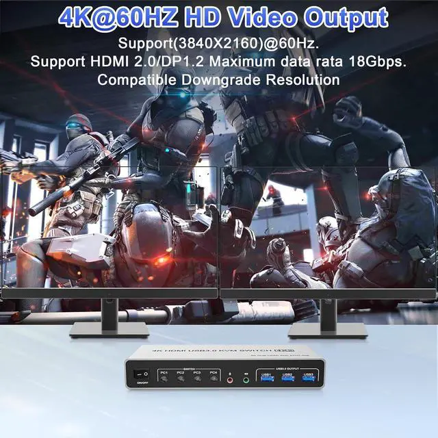 Alt view image 4 of 7 - Ennovor USB 3.0 Displayport+HDMI KVM Switch 2 Monitors 4 Computers, 4K@60Hz KVM Switch Dual Monitor 4 PC with 3 USB 3.0 Ports and Audio Microphone, 4 Port HDMI+DP Monitor Switch for 4 PC 2 Monitors