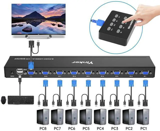 Alt view image 4 of 5 - Ennovor VGA KVM 8 Port Rackmount Switch + 8 KVM Cables + 4 USB Hubs + Wired Desktop Selector + Rack Mount Ears