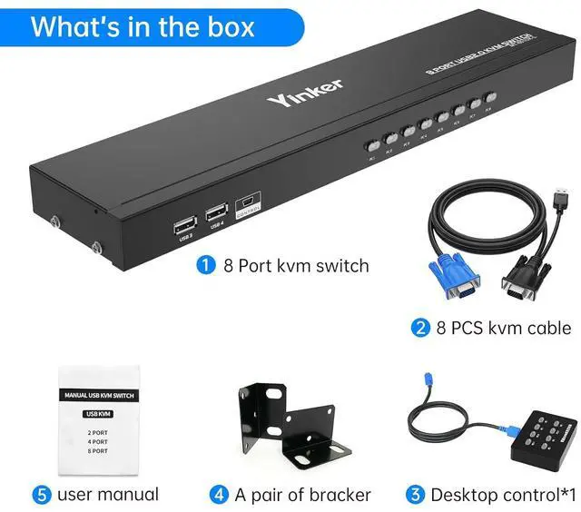 Alt view image 5 of 5 - Ennovor VGA KVM 8 Port Rackmount Switch + 8 KVM Cables + 4 USB Hubs + Wired Desktop Selector + Rack Mount Ears