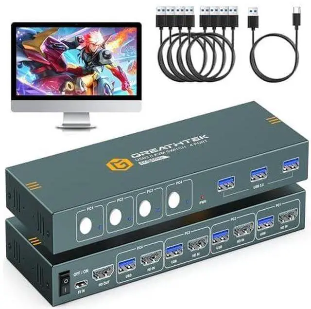 Main image of USB3.0 KVM Switch 4 Computers 1 Monitor, 4K@60HZ 4 Ports 3 Computers HDMI KVM Switcher with 3 USB3.0 Ports to Share Keyboard Mouse Printer, 4 in 1 Out Monitor SwitchEDID Adaptive