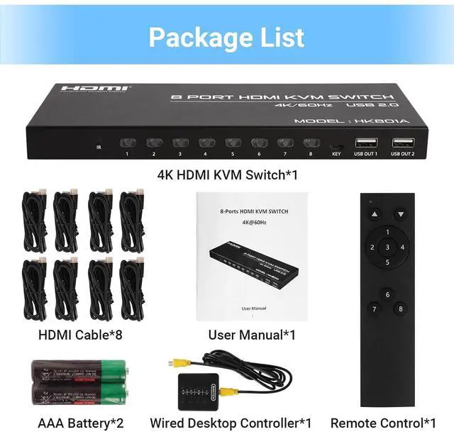 Alt view image 7 of 7 - Ennovor 4K@60Hz HDMI KVM Switch 8 Port, HDMI KVM Switch for 8 PC Sharing 1 4K Monitor and 4 USB Devices, with Remote Control, Wired Desktop Controller and 8 KVM Cables