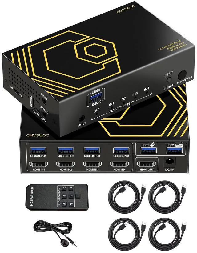Main image of 4K@60Hz HDMI KVM Switch USB3.0 4 Computers 1 Monitors HDMI 4 Port KVM Switches for 4 PC Share 1 Monitor and 4 USB 3.0 Devices SPDIF L/R Mic Audio with IR Remote Control and 4xUSB 3.0 Cables