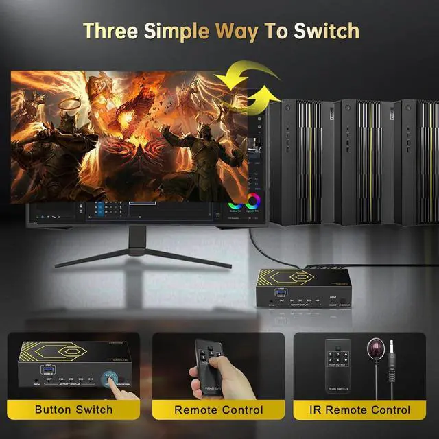 Alt view image 6 of 7 - 4K@60Hz HDMI KVM Switch USB3.0 4 Computers 1 Monitors HDMI 4 Port KVM Switches for 4 PC Share 1 Monitor and 4 USB 3.0 Devices SPDIF L/R Mic Audio with IR Remote Control and 4xUSB 3.0 Cables