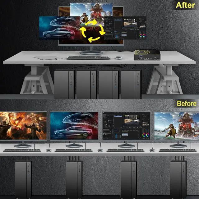 Alt view image 7 of 7 - 4K@60Hz HDMI KVM Switch USB3.0 4 Computers 1 Monitors HDMI 4 Port KVM Switches for 4 PC Share 1 Monitor and 4 USB 3.0 Devices SPDIF L/R Mic Audio with IR Remote Control and 4xUSB 3.0 Cables