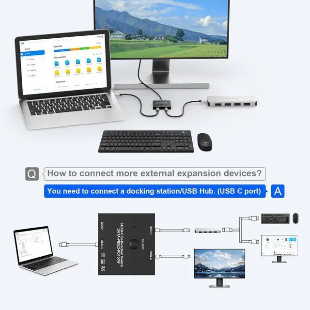 Alt view image 6 of 7 - Ennovor 8K USB C Switch, USB C Switcher for 2 Computers Bi-Directional, USB C KVM Switch with Wired Remote & 2 USB-C Cables, for 100W Charging+10Gbps Data+Video Transfer, 8K@60Hz/4K@144Hz