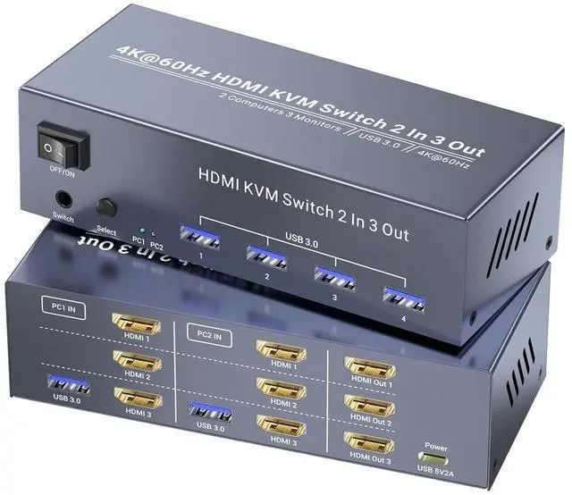 Main image of Ennovor 4K@60Hz Three Monitor HDMI KVM Switch, 2 Port HDMI KVM Switch 3 Minitors 2 Computers for Managing 2 PC Using 1 Set of Keyboard Mouse, 2 PC Share 4 USB 3.0 Ports