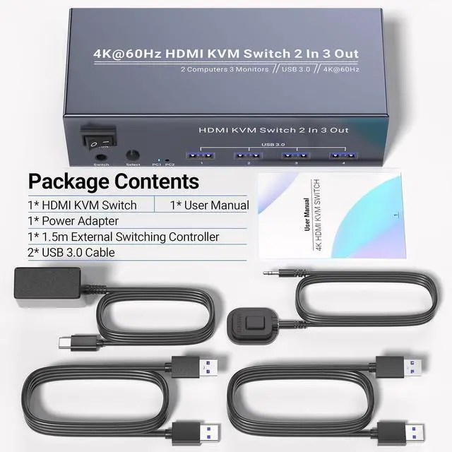 Alt view image 7 of 7 - Ennovor 4K@60Hz Three Monitor HDMI KVM Switch, 2 Port HDMI KVM Switch 3 Minitors 2 Computers for Managing 2 PC Using 1 Set of Keyboard Mouse, 2 PC Share 4 USB 3.0 Ports