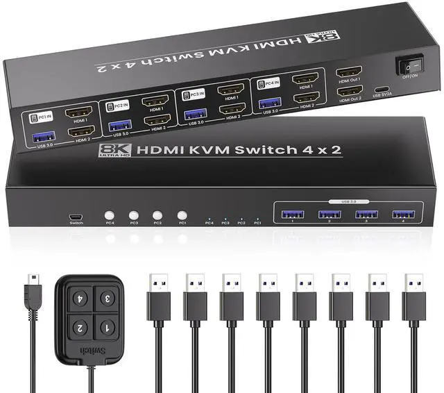 Main image of Ennovor 8K@60HZ 4K@120Hz HDMI KVM Switch 2 Monitors 4 Computers with 4 Port USB 3.0 Hub, 4 Port Dual Monitor HDMI KVM Switch for 4 Computers Share 1 Set of Keyboard, Mouse and 2 Monitors