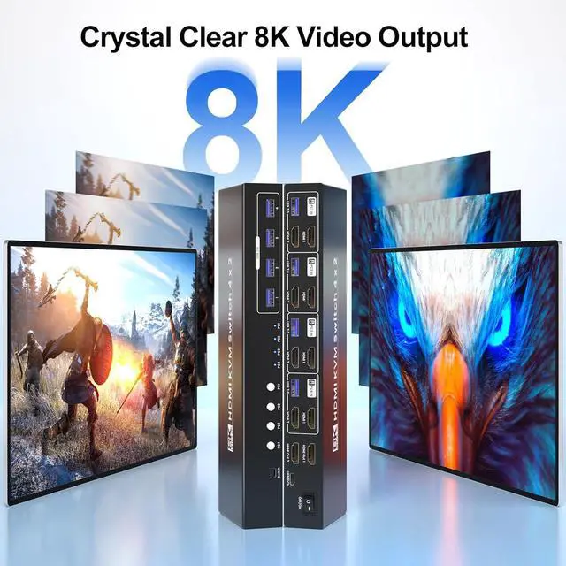 Alt view image 3 of 7 - Ennovor 8K@60HZ 4K@120Hz HDMI KVM Switch 2 Monitors 4 Computers with 4 Port USB 3.0 Hub, 4 Port Dual Monitor HDMI KVM Switch for 4 Computers Share 1 Set of Keyboard, Mouse and 2 Monitors