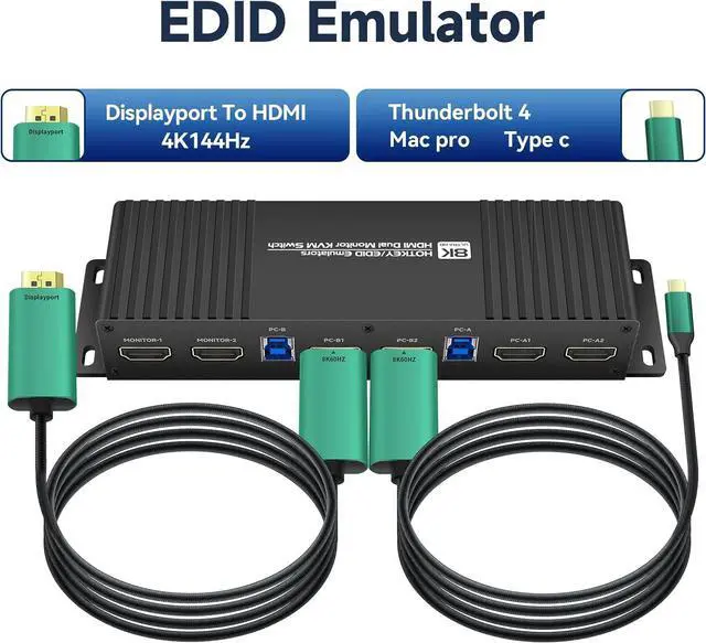Alt view image 6 of 7 - Ennovor Kvm Switch 2 Monitors 2 Computers HDMI 2.1 edid Emulator 4k 144hz Hotkey Switching Dual Monitor kvm Switches hdmi edid 1440P 120hz 144hz 165hz 240hz 2 Computer 2 Monitor Switch HDMI2.1