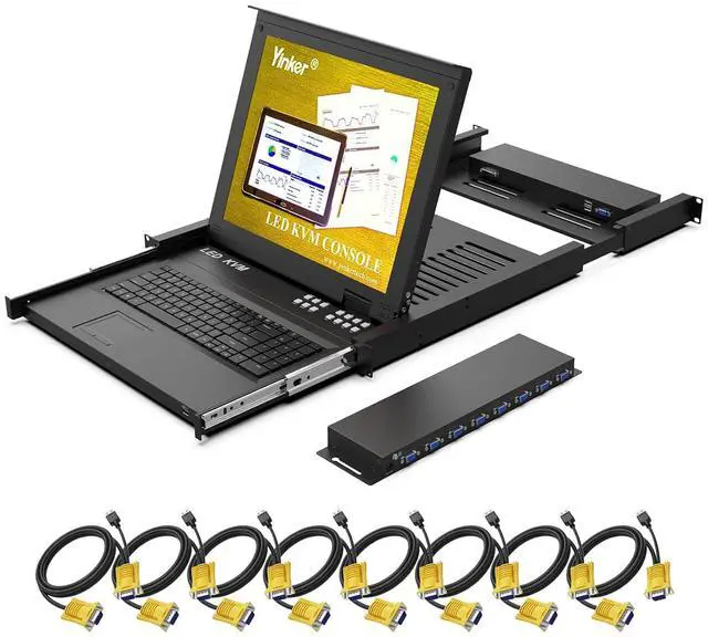 Main image of Ennovor 17" LCD KVM Console 8 Port VGA, Yinker Rackmount KVM Switch Fit 1U 19" Rack, Keyboard Monitor Touchpad Drawer Integrated + Cables