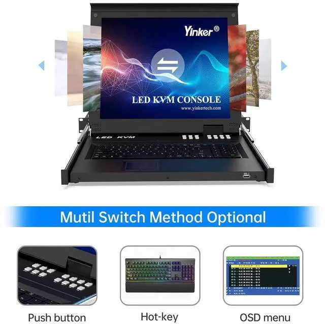 Alt view image 2 of 6 - Ennovor 17" LCD KVM Console 8 Port VGA, Yinker Rackmount KVM Switch Fit 1U 19" Rack, Keyboard Monitor Touchpad Drawer Integrated + Cables