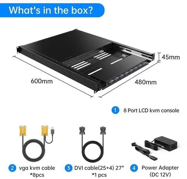 Alt view image 5 of 6 - Ennovor 17" LCD KVM Console 8 Port VGA, Yinker Rackmount KVM Switch Fit 1U 19" Rack, Keyboard Monitor Touchpad Drawer Integrated + Cables