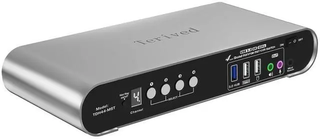 Main image of 4 Computer 4 Monitors (2HDMI 2DP) MST KVM Switch 4K@60Hz, DP MST USB 3.0 Quad Monitor, Hotkey and Wire Remote, Aluminum Shell, Digital Display, Audio/Mic, HDR10 with Cables (Windows)