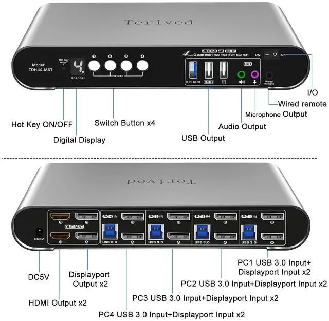 Alt view image 5 of 6 - 4 Computer 4 Monitors (2HDMI 2DP) MST KVM Switch 4K@60Hz, DP MST USB 3.0 Quad Monitor, Hotkey and Wire Remote, Aluminum Shell, Digital Display, Audio/Mic, HDR10 with Cables (Windows)