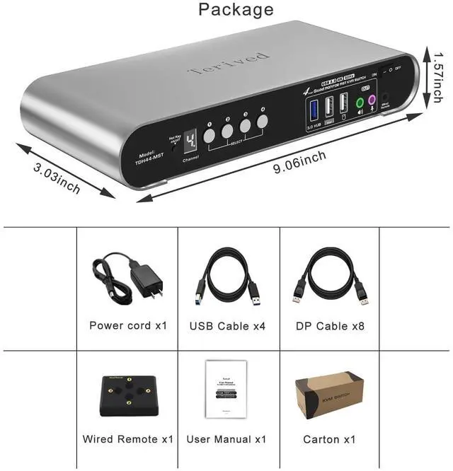 Alt view image 6 of 6 - 4 Computer 4 Monitors (2HDMI 2DP) MST KVM Switch 4K@60Hz, DP MST USB 3.0 Quad Monitor, Hotkey and Wire Remote, Aluminum Shell, Digital Display, Audio/Mic, HDR10 with Cables (Windows)